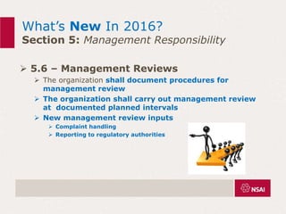 What’s New In 2016?
Section 5: Management Responsibility
 5.6 – Management Reviews
 The organization shall document procedures for
management review
 The organization shall carry out management review
at documented planned intervals
 New management review inputs
 Complaint handling
 Reporting to regulatory authorities
 