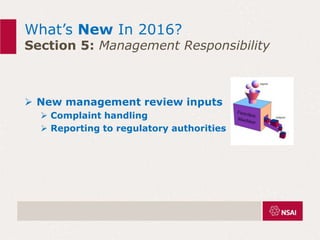 What’s New In 2016?
Section 5: Management Responsibility
 New management review inputs
 Complaint handling
 Reporting to regulatory authorities
 