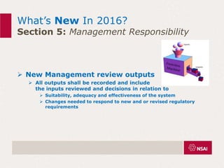 What’s New In 2016?
Section 5: Management Responsibility
 New Management review outputs
 All outputs shall be recorded and include
the inputs reviewed and decisions in relation to
 Suitability, adequacy and effectiveness of the system
 Changes needed to respond to new and or revised regulatory
requirements
 