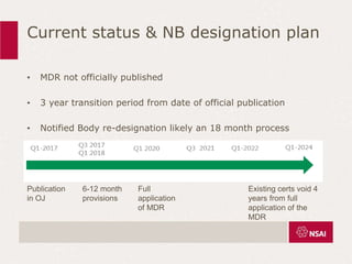 Current status & NB designation plan
• MDR not officially published
• 3 year transition period from date of official publication
• Notified Body re-designation likely an 18 month process
Publication
in OJ
6-12 month
provisions
Full
application
of MDR
Existing certs void 4
years from full
application of the
MDR
 