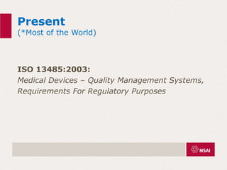 Present
(*Most of the World)
ISO 13485:2003:
Medical Devices – Quality Management Systems,
Requirements For Regulatory Purposes
 