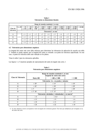 - 7 - EN ISO 13920:1996
Tabla 1
Tolerancias en dimensiones lineales
Rango de tamaños nominales l, en mm
Clase de
tolerancia
2 a 30 > 30
a 120
> 120
a 400
> 400 a
1 000
> 1 000
a 2 000
> 2 000
a 4 000
> 4 000
a 8 000
> 8 000
a 12 000
> 12 000
a 16 000
> 16 000
a 20 000
> 20 000
Tolerancias t, en mm
A ± 1 ± 1 ± 2 ± 3 ± 4 ± 5 ± 6 ± 7 ± 8 ± 9
B ± 1 ± 2 ± 2 ± 3 ± 4 ± 6 ± 8 ± 10 ± 12 ± 14 ± 16
C ± 3 ± 4 ± 6 ± 8 ± 11 ± 14 ± 18 ± 21 ± 24 ± 27
D ± 4 ± 7 ± 9 ± 12 ± 16 ± 21 ± 27 ± 32 ± 36 ± 40
4.2 Tolerancias para dimensiones angulares
La longitud del cateto más corto debe utilizarse para determinar las tolerancias de aplicación de acuerdo con tabla
2. También se puede suponer que la longitud del cateto se extiende a un punto de referencia especificado. En este
caso, el punto de referencia debe estar indicado en los planos.
Véase la tabla 2 para las tolerancias aplicables.
Las figuras 1 a 5 muestran ejemplos de representación del cateto de ángulo más corto, l.
Tabla 2
Tolerancias para dimensiones angulares
Clase de Tolerancia
Rango de tamaños nominales l, en mm
(longitud de cateto más corto)
Hasta 400 > 400 a 1 000 > 1 000
Tolerancias , en grados y minutos
A ± 20' ± 15' ± 10'
B ± 45' ± 30' ± 20'
C ± 1º ± 45' ± 30'
D ± 1º 30' ± 1º 15' ± 1º
Tolerancias calculadas y redondeadas t, en mm/m1)
A ± 6 ± 4,5 ± 3
B ± 13 ± 9 ± 6
C ± 18 ± 13 ± 9
D ± 26 ± 22 ± 18
1) El valor indicado en mm/m corresponde al valor de tangente de la tolerancia general. Éste tiene que multiplicarse por la longitud, en m,
del cateto más corto.
AENOR AUTORIZA EL USO DE ESTE DOCUMENTO A UNIV.VALLADOLID-BIB.UNIVERSIT.
 