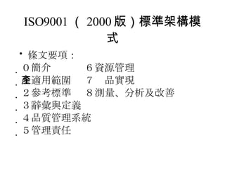 ISO9001 （ 2000 版）標準架構模式 條文要項：  ０簡介　　　 ６資源管理  １適用範圍　 ７產品實現　　　　　　  ２參考標準　 ８測量、分析及改善  ３辭彙與定義　  ４品質管理系統  ５管理責任 