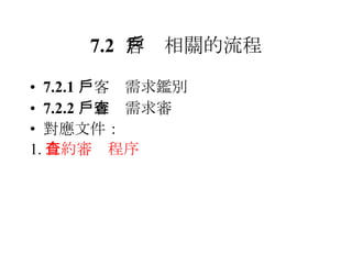 7.2 客戶相關的流程 7.2.1 　客戶需求鑑別 7.2.2 　客戶需求審查 對應文件： 1. 合約審查程序 