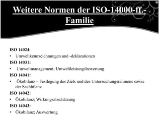 Weitere Normen der ISO-14000-ff.-
             Familie


ISO 14024:
• Umweltkennzeichnungen und -deklarationen
ISO 14031:
• Umweltmanagement; Umweltleistungsbewertung
ISO 14041:
• Ökobilanz – Festlegung des Ziels und des Untersuchungsrahmens sowie
   der Sachbilanz
ISO 14042:
• Ökobilanz; Wirkungsabschätzung
ISO 14043:
• Ökobilanz; Auswertung
 