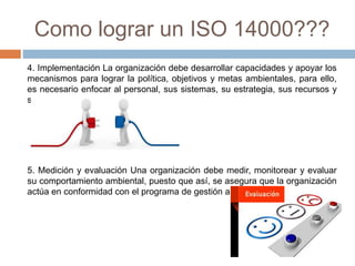 Como lograr un ISO 14000??? 
4. Implementación La organización debe desarrollar capacidades y apoyar los 
mecanismos para lograr la política, objetivos y metas ambientales, para ello, 
es necesario enfocar al personal, sus sistemas, su estrategia, sus recursos y 
su estructura. 
5. Medición y evaluación Una organización debe medir, monitorear y evaluar 
su comportamiento ambiental, puesto que así, se asegura que la organización 
actúa en conformidad con el programa de gestión ambiental. 
 