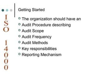 Getting Started
 The organization should have an
 Audit Procedure describing
 Audit Scope
 Audit Frequency
 Audit Methods
 Key responsibilities
 Reporting Mechanism
 