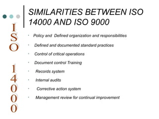 SIMILARITIES BETWEEN ISO
14000 AND ISO 9000
• Policy and Defined organization and responsibilities
• Defined and documented standard practices
• Control of critical operations
• Document control Training
• Records system
• Internal audits
• Corrective action system
• Management review for continual improvement
 