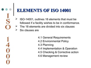 ISO-14001, outlines 18 elements that must be
followed if a facility wishes to be in conformance.
 The 18 elements are divided into six clauses
 Six clauses are
4.1 General Requirements
4.2 Environmental Policy
4.3 Planning
4.4 Implementation & Operation
4.5 Checking & Corrective action
4.6 Management review
ELEMENTS OF ISO 14001
ELEMENTS OF ISO 14001
 