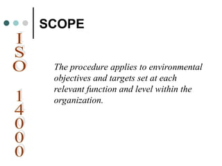 SCOPE
The procedure applies to environmental
objectives and targets set at each
relevant function and level within the
organization.
 