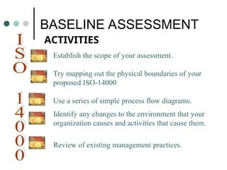 BASELINE ASSESSMENT
ACTIVITIES
Establish the scope of your assessment.
Try mapping out the physical boundaries of your
proposed ISO-14000
Use a series of simple process flow diagrams.
Review of existing management practices.
Identify any changes to the environment that your
organization causes and activities that cause them.
 