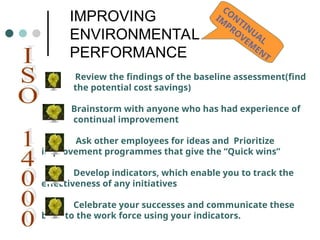 IMPROVING
ENVIRONMENTAL
PERFORMANCE
Review the findings of the baseline assessment(find
the potential cost savings)
Brainstorm with anyone who has had experience of
continual improvement
Ask other employees for ideas and Prioritize
improvement programmes that give the “Quick wins”
Develop indicators, which enable you to track the
effectiveness of any initiatives
Celebrate your successes and communicate these
back to the work force using your indicators.
CO
N
TIN
UAL
IM
PROVEM
EN
T
 