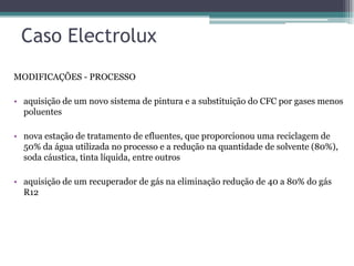 Caso Electrolux
MODIFICAÇÕES - PROCESSO

• aquisição de um novo sistema de pintura e a substituição do CFC por gases menos
  poluentes

• nova estação de tratamento de efluentes, que proporcionou uma reciclagem de
  50% da água utilizada no processo e a redução na quantidade de solvente (80%),
  soda cáustica, tinta líquida, entre outros

• aquisição de um recuperador de gás na eliminação redução de 40 a 80% do gás
  R12
 