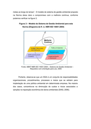 metas ao longo do tempo”. O modelo de sistema de gestão ambiental proposto
na Norma deixa claro o compromisso com a melhoria contínua, conforme
podemos verificar na figura 3.
Figura 3 – Modelo do Sistema de Gestão Ambiental para esta
Norma (Diagrama da fl. vi, NBR ISO 14001:2004)
Fonte: ABNT NBR ISO 14001:2004 – Sistema de Gestão Ambiental –
Requisitos com orientação para uso, 2004.
Portanto, observa-se que um SGA é um conjunto de responsabilidades
organizacionais, procedimentos, processos e meios que se adotam para
implantação de uma política ambiental em determinada empresa. Na maioria
dos casos, concentra-se na diminuição de custos e riscos associados a
sanções na reparação econômica de danos ambientais (DIAS, 2006).
 