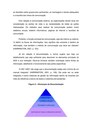 as decisões sobre grupos-alvo pertinentes, as mensagens e temas adequados
e a escolha dos meios de comunicação.
Com relação à comunicação externa, as organizações devem levar em
consideração os pontos de vista e as necessidades de todas as partes
interessadas. Os métodos para realizar tal comunicação podem incluir
relatórios anuais, boletins informativos, páginas de internet e reuniões da
comunidade.
Portanto, a função principal da comunicação, seja ela interna ou externa,
“é definir os fluxos de informações. Isso significa não somente o destino da
informação, mas também o método de comunicação que deve ser utilizado”
(HARRINGTON, 2001, p. 103).
Já em relação à documentação, a norma sugere que haja um
detalhamento que seja suficiente para descrever os elementos principais do
SGA e sua interação. Deve-se fornecer também orientação sobre fontes de
informação, detalhando o funcionamento das partes específicas.
“A ISO 14001 não exige que a documentação esteja sob a forma de um
manual integrado” (HARRINGTON, 2001, p. 106). Ela pode ser ou estar
integrada a outros sistemas de gestão da informação dentro da empresa por
meio de referência a banco de dados e sistemas pré-existentes.
Figura 5 – Hierarquia da Documentação
 