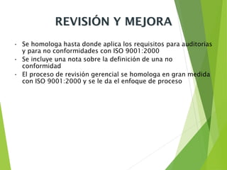 REVISIÓN Y MEJORA
• Se homologa hasta donde aplica los requisitos para auditorias
y para no conformidades con ISO 9001:2000
• Se incluye una nota sobre la definición de una no
conformidad
• El proceso de revisión gerencial se homologa en gran medida
con ISO 9001:2000 y se le da el enfoque de proceso
 