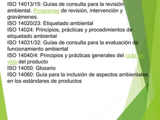 ISO 14013/15: Guías de consulta para la revisión
ambiental. Programas de revisión, intervención y
gravámenes.
ISO 14020/23: Etiquetado ambiental
ISO 14024: Principios, prácticas y procedimientos de
etiquetado ambiental
ISO 14031/32: Guías de consulta para la evaluación de
funcionamiento ambiental
ISO 14040/4: Principios y prácticas generales del ciclo de
vida del producto
ISO 14050: Glosario
ISO 14060: Guía para la inclusión de aspectos ambientales
en los estándares de productos
 