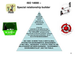 ISO 14000 –  Special relationship builder   ISO 1400 represents  A market driven Approach to Environmental protection It has the potential to set aside the long perceived image of businesses as  The “SPOLIERS” and give us the  Opportunity to become proactive  partners in a new and more productive , era of  ECO SYSTEM MANAGEMENT. ISO 14000  IS MORE THAN A NEW GLOBAL  SYSTEM FOR ENVIRONMENTAL MANAGEMENT .  IT MAY WELL  REPRESENT  A PIVOTAL POINT IN THE  RELATIONSHIP BETWEEN BUSINESS – GOVERNMENT –  ENVIRONMENTALIST  AND THE PUBLIC.  
