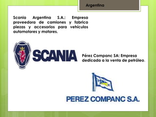 Argentina 
Scania Argentina S.A.: Empresa 
proveedora de camiones y fabrica 
piezas y accesorios para vehículos 
automotores y motores. 
Pérez Companc SA: Empresa 
dedicada a la venta de petróleo. 
 