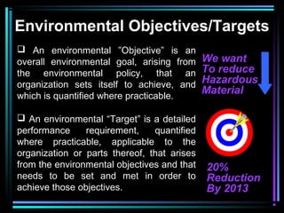 Environmental Objectives/Targets 
 An environmental ”Objective” is an 
overall environmental goal, arising from 
the environmental policy, that an 
organization sets itself to achieve, and 
which is quantified where practicable. 
 An environmental “Target” is a detailed 
performance requirement, quantified 
where practicable, applicable to the 
organization or parts thereof, that arises 
from the environmental objectives and that 
needs to be set and met in order to 
achieve those objectives. 
We want 
To reduce 
Hazardous 
Material 
20% 
Reduction 
By 2013 
 