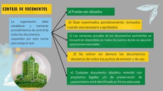 CONTROL DE DOCUMENTOS
La organización debe
establecer y mantener
procedimientos de control de
todos los documentos
requeridos por esta norma
para asegurar que:
a) Puedan ser ubicados
b) Sean examinados periódicamente, revisados
cuando sea necesario y aprobados
c) Las versiones actuales de los documentos pertinentes se
encuentren disponibles en todos los puntos donde se ejecuten
operaciones esenciales
e) Cualquier documento obsoleto retenido con
propósitos legales y/o de preservación de
conocimiento esté identificado en forma adecuada
d) Se retiren sin demora los documentos
obsoletos de todos los puntos de emisión y de uso
 
