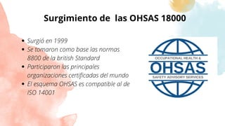 Surgimiento de las OHSAS 18000
Surgió en 1999
Se tomaron como base las normas
8800 de la british Standard
Participaron las principales
organizaciones certificadas del mundo
El esquema OHSAS es compatible al de
ISO 14001
 