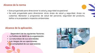 Alcance de la norma
Esta proyectada para direccionar la salud y seguridad ocupacional.
No está proyectada para direccionar otras áreas de salud y seguridad. Áreas no
cubiertas: Bienestar o programas de salud del personal, seguridad del producto,
daños a la propiedad o impactos ambientales
Alcance de la aplicación.
La Política de S&SO de la organización.
La naturaleza de sus actividades
Los riesgos de sus operaciones.
La complejidad de sus operaciones
Dependerá de los siguientes factores:
 