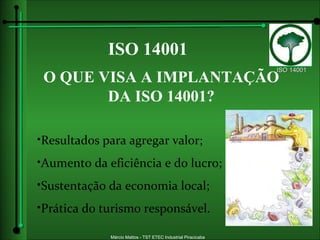 ISO 14001 O QUE VISA A IMPLANTAÇÃO DA ISO 14001? Resultados para agregar valor; Aumento da eficiência e do lucro;  Sustentação da economia local;  Prática do turismo responsável.  