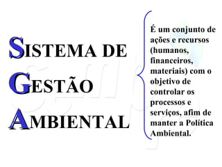 S ISTEMA DE  G ESTÃO  A MBIENTAL É um conjunto de ações e recursos (humanos, financeiros, materiais) com o objetivo de controlar os processos e serviços, afim de manter a Política Ambiental. 