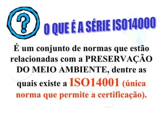 É um conjunto de normas que estão relacionadas com a PRESERVAÇÃO DO MEIO AMBIENTE, dentre as quais existe a  ISO14001  (única norma que permite a certificação). O QUE É A SÉRIE ISO14000 
