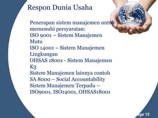 Respon Dunia Usaha
Penerapan sistem manajemen untuk
memenuhi persyaratan:
ISO 9001 – Sistem Manajemen
Mutu
ISO 14001 – Sistem Manajemen
Lingkungan
OHSAS 18001 - Sistem Manajemen
K3
Sistem Manajemen lainnya contoh
SA 8000 – Social Accountability
Sistem Manajemen Terpadu –
ISO9001, ISO14001, OHSAS18001

Powerpoint Templates

Page 15

 
