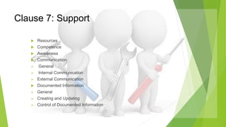 Clause 7: Support
 Resources
 Competence
 Awareness
 Communication
 General
 Internal Communication
 External Communication
 Documented Information
 General
 Creating and Updating
 Control of Documented Information
 