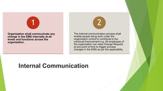 Internal Communication
Organization shall communicate any
change in the EMS internally at all
levels and functions across the
organization.
1
The Internal communication process shall
enable people doing work under the
organization control to contribute to the
continual Improvement e.g. All employees of
the organization can raise Change Request
at any point of time to trigger process
changes in the EMS as per the applicability.
2
 