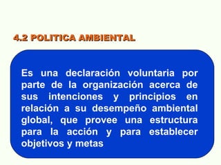 4.2 POLITICA AMBIENTAL4.2 POLITICA AMBIENTAL
Es una declaración voluntaria por
parte de la organización acerca de
sus intenciones y principios en
relación a su desempeño ambiental
global, que provee una estructura
para la acción y para establecer
objetivos y metas
 