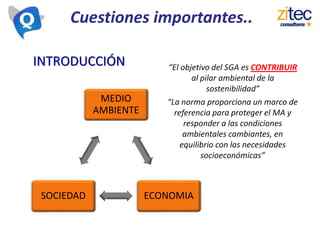 Cuestiones importantes..
INTRODUCCIÓN
MEDIO
AMBIENTE
ECONOMIASOCIEDAD
“El objetivo del SGA es CONTRIBUIR
al pilar ambiental de la
sostenibilidad”
“La norma proporciona un marco de
referencia para proteger el MA y
responder a las condiciones
ambientales cambiantes, en
equilibrio con las necesidades
socioeconómicas”
 