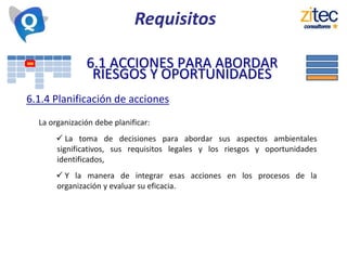 6.1 ACCIONES PARA ABORDAR
RIESGOS Y OPORTUNIDADES
6.1.4 Planificación de acciones
La organización debe planificar:
 La toma de decisiones para abordar sus aspectos ambientales
significativos, sus requisitos legales y los riesgos y oportunidades
identificados,
 Y la manera de integrar esas acciones en los procesos de la
organización y evaluar su eficacia.
Requisitos
 
