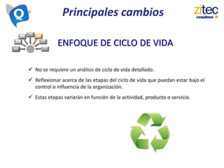 Principales cambios
 No se requiere un análisis de ciclo de vida detallado.
 Reflexionar acerca de las etapas del ciclo de vida que puedan estar bajo el
control o influencia de la organización.
 Estas etapas variarán en función de la actividad, producto o servicio.
ENFOQUE DE CICLO DE VIDA
 