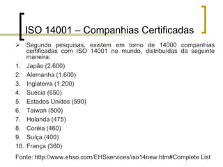 ISO 14001 – Companhias Certificadas
 Segundo pesquisas, existem em torno de 14000 companhias
certificadas com ISO 14001 no mundo, distribuídas da seguinte
maneira:
1. Japão (2.600)
2. Alemanha (1.600)
3. Inglaterra (1.200)
4. Suécia (650)
5. Estados Unidos (590)
6. Taiwan (500)
7. Holanda (475)
8. Coréia (460)
9. Suíça (400)
10. França (360)
Fonte: http://www.ehso.com/EHSservices/iso14new.htm#Complete List
 