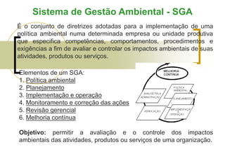 Sistema de Gestão Ambiental - SGA
É o conjunto de diretrizes adotadas para a implementação de uma
política ambiental numa determinada empresa ou unidade produtiva
que especifica competências, comportamentos, procedimentos e
exigências a fim de avaliar e controlar os impactos ambientais de suas
atividades, produtos ou serviços.
Elementos de um SGA:
1. Política ambiental
2. Planejamento
3. Implementação e operação
4. Monitoramento e correção das ações
5. Revisão gerencial
6. Melhoria contínua
Objetivo: permitir a avaliação e o controle dos impactos
ambientais das atividades, produtos ou serviços de uma organização.
 