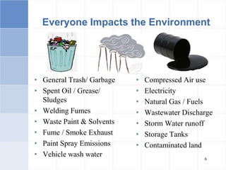 6
Everyone Impacts the Environment
• General Trash/ Garbage
• Spent Oil / Grease/
Sludges
• Welding Fumes
• Waste Paint & Solvents
• Fume / Smoke Exhaust
• Paint Spray Emissions
• Vehicle wash water
• Compressed Air use
• Electricity
• Natural Gas / Fuels
• Wastewater Discharge
• Storm Water runoff
• Storage Tanks
• Contaminated land
 