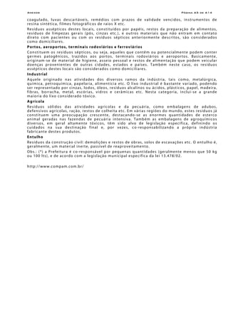 Anexos Página A5 de A14
coagulado, luvas descartáveis, remédios com prazos de validade vencidos, instrumentos de
resina sintética, filmes fotográficos de raios X etc.
Resíduos assépticos destes locais, constituídos por papéis, restos da preparação de alimentos,
resíduos de limpezas gerais (pós, cinzas etc.), e outros materiais que não entram em contato
direto com pacientes ou com os resíduos sépticos anteriormente descritos, são considerados
como domiciliares.
Portos, aeroportos, terminais rodoviários e ferroviários
Constituem os resíduos sépticos, ou seja, aqueles que contêm ou potencialmente podem conter
germes patogênicos, trazidos aos portos, terminais rodoviários e aeroportos. Basicamente,
originam-se de material de higiene, asseio pessoal e restos de alimentação que podem veicular
doenças provenientes de outras cidades, estados e países. Também neste caso, os resíduos
assépticos destes locais são considerados como domiciliares.
Industrial
Aquele originado nas atividades dos diversos ramos da indústria, tais como, metalúrgica,
química, petroquímica, papelaria, alimentícia etc. O lixo industrial é bastante variado, podendo
ser representado por cinzas, lodos, óleos, resíduos alcalinos ou ácidos, plásticos, papel, madeira,
fibras, borracha, metal, escórias, vidros e cerâmicas etc. Nesta categoria, inclui-se a grande
maioria do lixo considerado tóxico.
Agrícola
Resíduos sólidos das atividades agrícolas e da pecuária, como embalagens de adubos,
defensivos agrícolas, ração, restos de colheita etc. Em várias regiões do mundo, estes resíduos já
constituem uma preocupação crescente, destacando-se as enormes quantidades de esterco
animal geradas nas fazendas de pecuária intensiva. Também as embalagens de agroquímicos
diversos, em geral altamente tóxicos, têm sido alvo de legislação específica, definindo os
cuidados na sua destinação final e, por vezes, co-responsabilizando a própria indústria
fabricante destes produtos.
Entulho
Resíduos da construção civil: demolições e restos de obras, solos de escavações etc. O entulho é,
geralmente, um material inerte, passível de reaproveitamento.
Obs.: (*) a Prefeitura é co-responsável por pequenas quantidades (geralmente menos que 50 kg
ou 100 lts), e de acordo com a legislação municipal específica da lei 13.478/02.
http://www.compam.com.br/
 