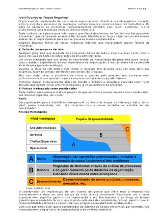 Interpretação da ISO 14001:2004 Página 3 de 84
Identificando as Forças Negativas
O processo de implantação de um sistema organizacional, devido à sua abrangência, duração,
esforço exigido e potencial de mudanças, sempre provoca inúmeros focos de turbulência. Os
egos se exaltam, os problemas comportamentais eclodem com maior evidência, ocorre
praticamente uma revolução (mais ou menos) silenciosa.
Todo cuidado será pouco para lidar com o que Freud denominou de "narcisismo das pequenas
diferenças", que certamente estarão à flor da pele. Identificar as forças negativas, ou até mesmo
antevê-las, é imprescindível para que se possa ao menos neutralizá-las.
Vejamos algumas fontes de forças negativas internas que representam graves fatores de
insucesso:
a) Falta de consenso na decisão
Qualquer programa que dependa do comprometimento de toda a empresa deve contar com o
apoio decisivo de todos os integrantes da alta administração.
Um único elemento que não tenha se convencido da necessidade do programa pode colocar
tudo a perder, dependendo de sua importância na organização. E muitas vezes ele se esconde
atrás de uma aparente aceitação.
Quando se trata da ISO 9000 e ISO 14000, o mercado tem deixado cada vez mais claro sua
exigência, fazendo constar até mesmo dos editais de licitação.
Mas isto pode trazer o problema de tomar a decisão pela pressão, sem conhecer mais
profundamente o que representa para a empresa adotar este ou aquele sistema.
Portanto, buscar esclarecimento antes de decidir e debater o assunto à exaustão constituem
atitudes que podem evitar uma força negativa já no nascedouro do processo.
b) Pessoa inadequada como coordenador
Nada melhor para começar mal um projeto do que escolher a pessoa errada como coordenador,
sob diversos aspectos, tais como:
Perfil
Desorganização, pouca habilidade interpessoal, ausência de traços de liderança, baixo tônus
vital, pouca tenacidade, etc., são características a serem evitadas na escolha de um
coordenador.
Posição Hierárquica
Fonte: CAMPOS, 1999
O coordenador de implantação de um sistema de gestão que afete toda a empresa não
necessariamente deve ser uma pessoa da área técnica pertinente. Coordenar um sistema
organizacional significa garantir sua implantação e seu funcionamento ao longo do tempo;
garantir que o conteúdo técnico seja inserido pela área de competência cabível; garantir que as
responsabilidades técnicas e administrativas estejam adequadamente estabelecidas.
Com isso queremos dizer que o coordenador do Sistema de Gestão Ambiental, por exemplo, não
necessariamente deve ser o responsável pela área de Meio Ambiente.
 