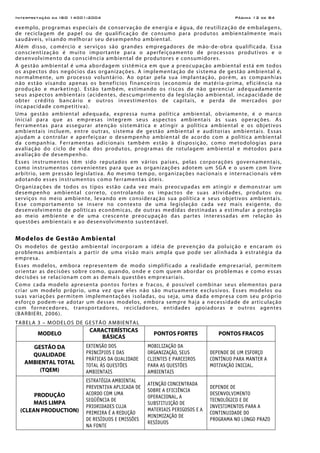 Interpretação da ISO 14001:2004 Página 12 de 84
exemplo, programas especiais de conservação de energia e água, de reutilização de embalagens,
de reciclagem de papel ou de qualificação de consumo para produtos ambientalmente mais
saudáveis, visando melhorar seu desempenho ambiental.
Além disso, comércio e serviços são grandes empregadores de mão-de-obra qualificada. Essa
conscientização é muito importante para o aperfeiçoamento de processos produtivos e o
desenvolvimento da consciência ambiental de produtores e consumidores.
A gestão ambiental é uma abordagem sistêmica em que a preocupação ambiental está em todos
os aspectos dos negócios das organizações. A implementação de sistema de gestão ambiental é,
normalmente, um processo voluntário. Ao optar pela sua implantação, porém, as companhias
não estão visando apenas os benefícios financeiros (economia de matéria-prima, eficiência na
produção e marketing). Estão também, estimando os riscos de não gerenciar adequadamente
seus aspectos ambientais (acidentes, descumprimento da legislação ambiental, incapacidade de
obter crédito bancário e outros investimentos de capitais, e perda de mercados por
incapacidade competitiva).
Uma gestão ambiental adequada, expressa numa política ambiental, obviamente, é o marco
inicial para que as empresas integrem seus aspectos ambientais às suas operações. As
ferramentas para assegurar atenção sistemática e atingir a política ambiental e os objetivos
ambientais incluem, entre outras, sistema de gestão ambiental e auditorias ambientais. Essas
ajudam a controlar e aperfeiçoar o desempenho ambiental de acordo com a política ambiental
da companhia. Ferramentas adicionais também estão à disposição, como metodologias para
avaliação do ciclo de vida dos produtos, programas de rotulagem ambiental e métodos para
avaliação de desempenho.
Esses instrumentos têm sido reputados em vários países, pelas corporações governamentais,
como instrumentos convenientes para que as organizações adotem um SGA e o usem com livre
arbítrio, sem pressão legislativa. Ao mesmo tempo, organizações nacionais e internacionais vêm
adotando esses instrumentos como ferramentas úteis.
Organizações de todos os tipos estão cada vez mais preocupadas em atingir e demonstrar um
desempenho ambiental correto, controlando os impactos de suas atividades, produtos ou
serviços no meio ambiente, levando em consideração sua política e seus objetivos ambientais.
Esse comportamento se insere no contexto de uma legislação cada vez mais exigente, do
desenvolvimento de políticas econômicas, de outras medidas destinadas a estimular a proteção
ao meio ambiente e de uma crescente preocupação das partes interessadas em relação às
questões ambientais e ao desenvolvimento sustentável.
Modelos de Gestão Ambiental
Os modelos de gestão ambiental incorporam a idéia de prevenção da poluição e encaram os
problemas ambientais a partir de uma visão mais ampla que pode ser alinhada à estratégia da
empresa.
Esses modelos, embora representem de modo simplificado a realidade empresarial, permitem
orientar as decisões sobre como, quando, onde e com quem abordar os problemas e como essas
decisões se relacionam com as demais questões empresariais.
Como cada modelo apresenta pontos fortes e fracos, é possível combinar seus elementos para
criar um modelo próprio, uma vez que eles não são mutuamente exclusivos. Esses modelos ou
suas variações permitem implementações isoladas, ou seja, uma dada empresa com seu próprio
esforço podem-se adotar um desses modelos, embora sempre haja a necessidade de articulação
com fornecedores, transportadores, recicladores, entidades apoiadoras e outros agentes
(BARBIERI, 2006).
TABELA 3 – MODELOS DE GESTÃO AMBIENTAL
MODELO
CARACTERÍSTICAS
BÁSICAS
PONTOS FORTES PONTOS FRACOS
GESTÃO DA
QUALIDADE
AMBIENTAL TOTAL
(TQEM)
EXTENSÃO DOS
PRINCÍPIOS E DAS
PRÁTICAS DA QUALIDADE
TOTAL ÀS QUESTÕES
AMBIENTAIS
MOBILIZAÇÃO DA
ORGANIZAÇÃO, SEUS
CLIENTES E PARCEIROS
PARA AS QUESTÕES
AMBIENTAIS
DEPENDE DE UM ESFORÇO
CONTÍNUO PARA MANTER A
MOTIVAÇÃO INICIAL.
PRODUÇÃO
MAIS LIMPA
(CLEAN PRODUCTION)
ESTRATÉGIA AMBIENTAL
PREVENTIVA APLICADA DE
ACORDO COM UMA
SEQÜÊNCIA DE
PRIORIDADES CUJA
PRIMEIRA É A REDUÇÃO
DE RESÍDUOS E EMISSÕES
NA FONTE
ATENÇÃO CONCENTRADA
SOBRE A EFICIÊNCIA
OPERACIONAL, A
SUBSTITUIÇÃO DE
MATERIAIS PERIGOSOS E A
MINIMIZAÇÃO DE
RESÍDUOS
DEPENDE DE
DESENVOLVIMENTO
TECNOLÓGICO E DE
INVESTIMENTOS PARA A
CONTINUIDADE DO
PROGRAMA NO LONGO PRAZO
 