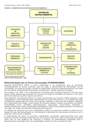 Interpretação da ISO 14001:2004 Página 20 de 84
FIGURA 4 – ELEMENTOS DE UM SISTEMA DE GESTÃO AMBIENTAL
FONTE: ADAPTADO DE AEP, 1998
Definindo Quem são as Partes Interessadas (STAKEHOLDERS)
Segundo MIYASSHITA (2004) o termo stakeholder é um neologismo que se contrapõe
conceitualmente ao termo acionista, que em inglês é denominado de shareholder, ou de
stockholder. Ao longo do tempo, o termo foi adquirindo sucessivos aperfeiçoamentos, em razão
de uma melhor compreensão do fenômeno envolvendo a relação empresa-sociedade.
Sua origem é de 1963, e foi originalmente formulado pelo Standford Research Institute para
indicar todos aqueles que possuem um interesse em jogo na atividade da empresa e seu nome
deriva de stake que significa aposta, promessa.
Uma definição considerada clássica no meio, apresentada por Freeman (1984) segundo a qual
“stakeholder é todo indivíduo bem identificável que pode influenciar ou ser influenciado pela
atividade da organização em termos de produtos, políticas e processos de trabalho”. Segundo
este significado mais amplo, tanto grupos de interesse público, quanto movimentos de defesa,
comunidades locais, entidades governamentais, associações, concorrentes, sindicatos e
imprensa podem ser todas consideradas stakeholders. Todos estes grupos possuem um interesse
“em jogo” (at. stake) nas decisões realizadas pela empresa.
As relações da empresas com seus stakeholders podem ser expressas também na forma de um
quadro em que são apresentadas as contribuições e demandas de cada grupo social para com a
empresa, como mostra a tabela 6.
A compreensão de quais os principais stakeholders envolvidos especificamente com cada
empresa constitui uma base importante em seu processo decisório. Cabe a cada empresa mapear
quais são os seus públicos de interesse e realizar um planejamento adequado para o
gerenciamento estratégico dos seus stakeholders tendo em vista a criação de valor.
AUDITORIA
AVALIAÇÃO
DE
IMPACTOS
AMBIENTAIS
INTEGRAÇÃO
COM A
GESTÃO
ESTRUTURA
INTERNA
DO SGA
PROGRAMA
AMBIENTAL
SISTEMA DE
GESTÃO AMBIENTAL
POLÍTICA
AMBIENTAL
PROCEDIMENTOS
AMBIENTAIS
(DE NORMA)
ANÁLISES
CRÍTICAS
AÇÕES
CORRETIVAS
E
PREVENTIVAS
TREINAMENTOS
COMUNICAÇÕES
INTERNAS
E
EXTERNAS
PROCEDIMENTOS
OPERACIONAIS
(monitoramento, medição e
manutenção de registros)
 