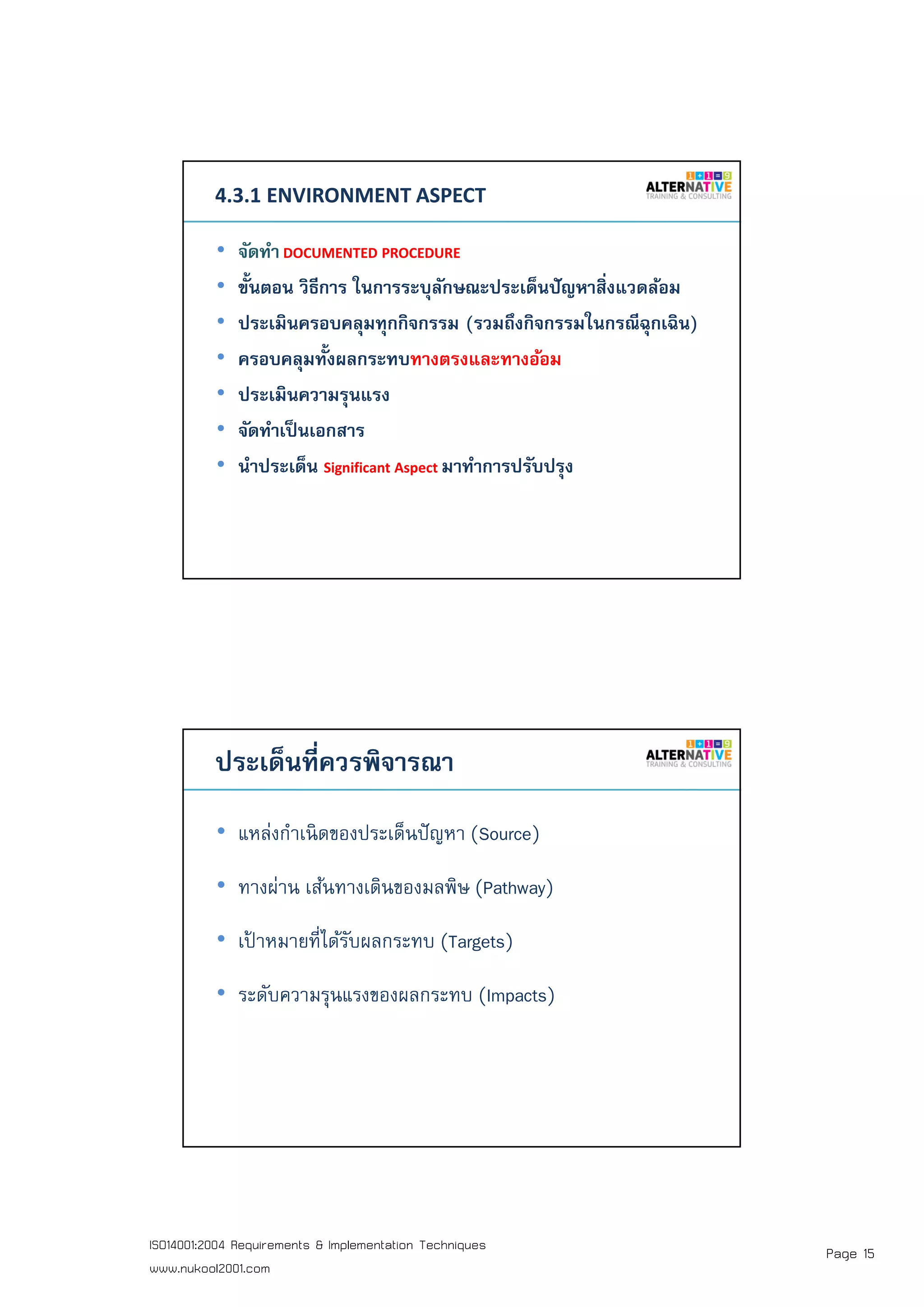 Page 15ISO14001:2004 Requirements & Implementation Techniques
www.nukool2001.com
PAGE 29PAGE 29
4.3.1 ENVIRONMENT ASPECT
• จัดทําDOCUMENTED PROCEDURE
• ขันตอน วิธีการ ในการระบุลักษณะประเด็นปัญหาสิงแวดล้อม
• ประเมินครอบคลุมทุกกิจกรรม (รวมถึงกิจกรรมในกรณีฉุกเฉิน)
• ครอบคลุมทังผลกระทบทางตรงและทางอ้อม
• ประเมินความรุนแรง
• จัดทําเป็นเอกสาร
• นําประเด็น Significant Aspect มาทําการปรับปรุง
PAGE 30PAGE 30
ประเด็นทีควรพิจารณา
• แหล่งกําเนิดของประเด็นปัญหา (Source)
• ทางผ่าน เส้นทางเดินของมลพิษ (Pathway)
• เป้ าหมายทีได้รับผลกระทบ (Targets)
• ระดับความรุนแรงของผลกระทบ (Impacts)
 