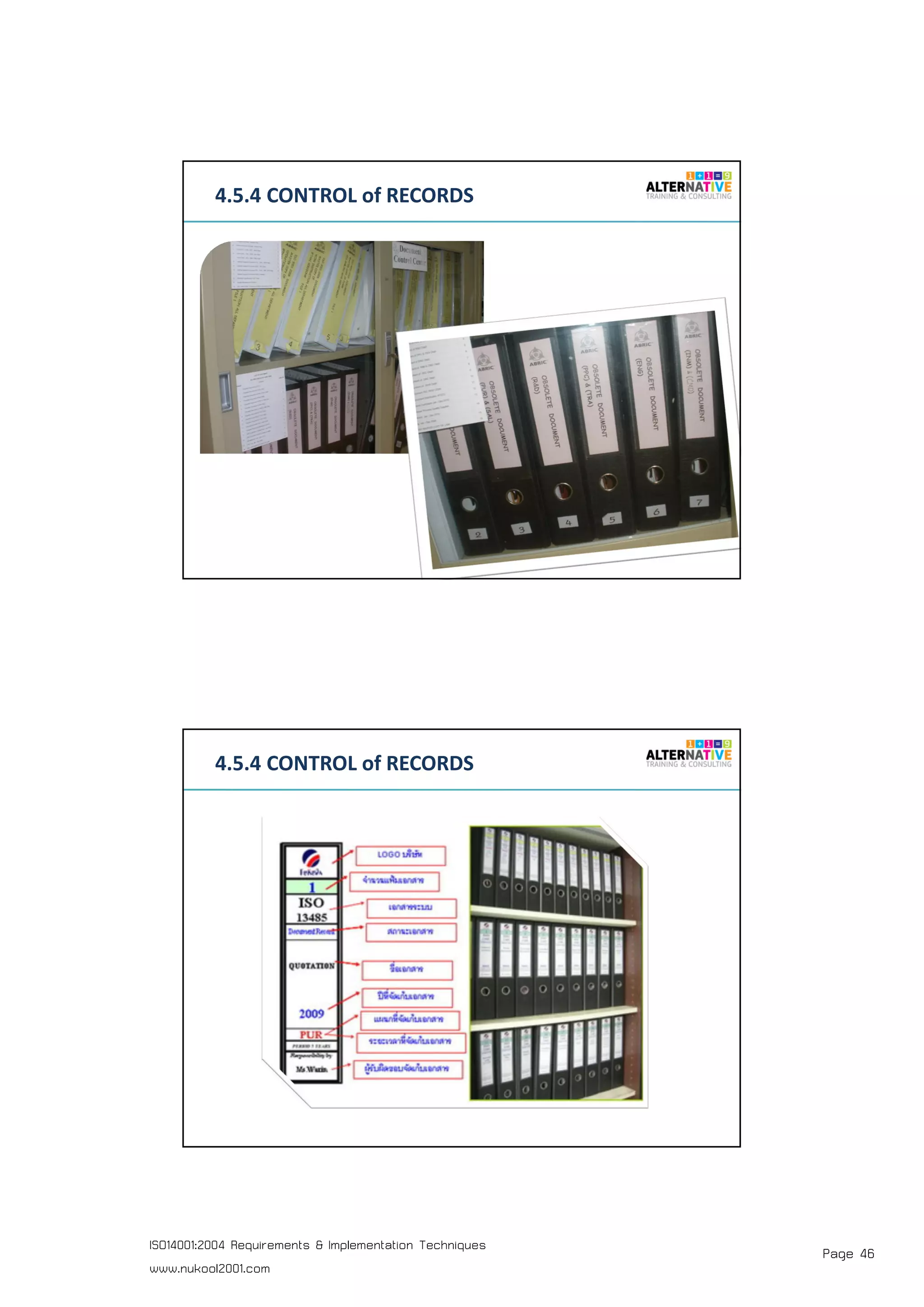 Page 46ISO14001:2004 Requirements & Implementation Techniques
www.nukool2001.com
PAGE 91PAGE 91
4.5.4 CONTROL of RECORDS
PAGE 92PAGE 92
4.5.4 CONTROL of RECORDS
 