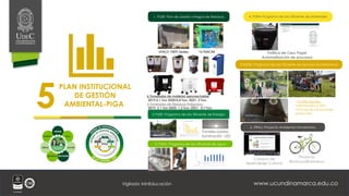 www.ucundinamarca.edu.co
Vigilada MinEducación
3. PUEA: Programa de Uso Eficiente de Agua
5.PUESE: Programa de Uso Eficiente de Servicios Ecosistémicos
6. PRAU: Proyecto Ambiental Universitario
4. PUEM Programa de Uso Eficiente de Materiales
2 PUEE: Programa de Uso Eficiente de Energía
1. PGIR: Plan de Gestión Integral de Residuos
PLAN INSTITUCIONAL
DE GESTIÓN
AMBIENTAL-PIGA
5 •10.000 árboles
•sembrados a 2021
•510 kg de compostaje
producido
Proyecto
BiciUcundinamarca
6 Toneladas de material aprovechable
2019:2.1 Ton 2020:0,8 Ton; 2021: 3 Ton.
4 Toneladas de Residuos Peligrosos:
2019: 2,1 Ton 2020: 1,2 Ton; 2021: 0,7 Ton.
16 PetCAR
UTACS 100% Sedes
Paneles solares
Iluminación LED
Campos de
Aprendizaje Cultural
Política de Cero Papel
Automatización de procesos
 
