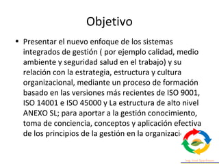 Objetivo
• Presentar el nuevo enfoque de los sistemas
integrados de gestión ( por ejemplo calidad, medio
ambiente y seguridad salud en el trabajo) y su
relación con la estrategia, estructura y cultura
organizacional, mediante un proceso de formación
basado en las versiones más recientes de ISO 9001,
ISO 14001 e ISO 45000 y La estructura de alto nivel
ANEXO SL; para aportar a la gestión conocimiento,
toma de conciencia, conceptos y aplicación efectiva
de los principios de la gestión en la organización.
 