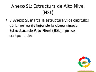 Anexo SL: Estructura de Alto Nivel
(HSL)
• El Anexo SL marca la estructura y los capítulos
de la norma definiendo la denominada
Estructura de Alto Nivel (HSL), que se
compone de:
 