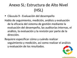 Anexo SL: Estructura de Alto Nivel
(HSL)
• Cláusula 9 - Evaluación del desempeño
Habla de seguimiento, medición, análisis y evaluación
de la eficacia del sistema de gestión mediante la
evaluación del desempeño, las auditorías internas, el
análisis, la evaluación y la revisión por parte de la
dirección.
Requiere especificar cómo y cuándo realizar
seguimiento y medición, así como realizar el análisis
y evaluación de los resultados.
 